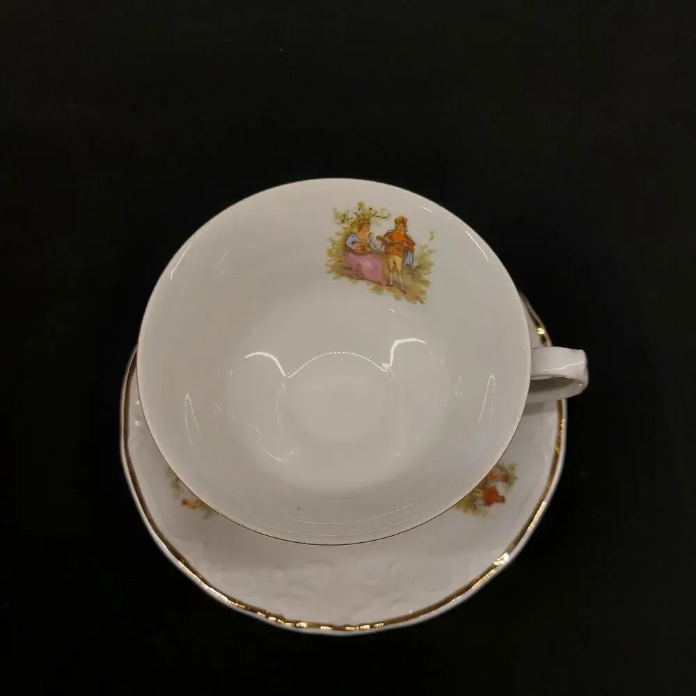 Vintage Walbrzych Poland Courting Couple Porcelain Tea Cup Saucer Fragonard Gold